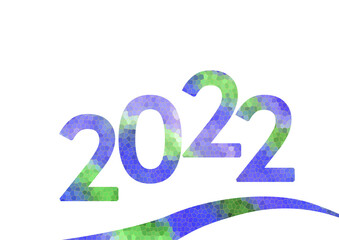 Multicolor lettering 2022 number year and wave written in Watercolor mosaic elements on white background. Blue, violet and green color