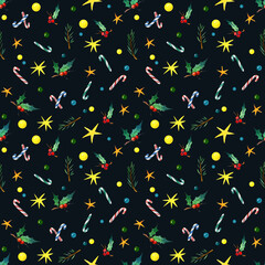 seamless watercolor pattern with colorful christmas balls, stars, candy canes, holly and pine sprigs on a dark background.