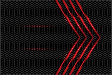 Abstract red light glossy arrow on black with hexagon mesh design modern futuristic technology background vector illustration.