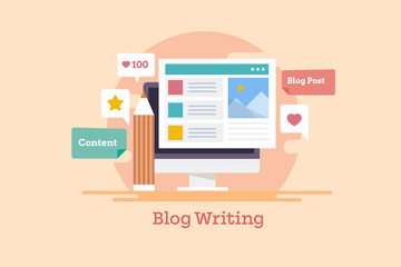 Blog writing, content creation, article and news journal writing online, digital content publication, web content marketing, post writing on social media. Web banner template.