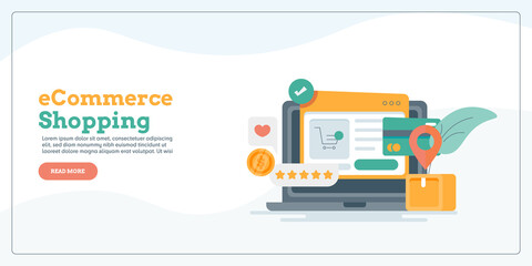 Ecommerce shopping, order online, shopping cart, digital retail store, internet business application, delivery, easy online payment, product review conceptual shopping online banner template.