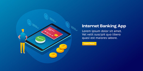 Internet banking app, digital payment application, money transfer with smart device, mobile banking with credit card, successful online bank transfer, isometric web banner template.
