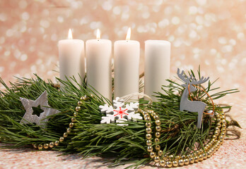 Obraz na płótnie Canvas Advent 3. Third candle - Shepherds' candle. Now there are already three candles burning in the wreath. This candle is dedicated to the shepherds who, with the help of the Angels, were the first to fin