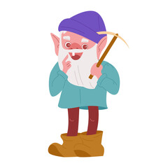 Garden gnome with a pickaxe. Vector illustration in cartoon style. Isolated on a white background.