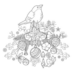 Cute Christmas bird. Winter holiday decoration. Black and white elements. Traditional festive decor for season design. Hand drawn illustration for children and adults, coloring books and tattoo.