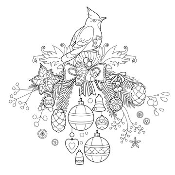 recommend clip art: Cute Christmas bird. Winter holiday decoration. Black and white elements. Traditional festive decor for season design. Hand drawn illustration for children and adults, coloring books and tattoo.