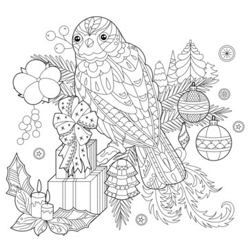 Cute Christmas owl. Winter holiday decoration. Black and white elements. Traditional festive decor for season design. Hand drawn illustration for children and adults, coloring books and tattoo.