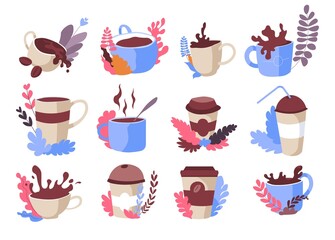 Coffee cups with splashes and beverages drops