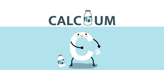 mascot Ca. Calcium on blue and Milk bottle on white background . Healthy concept. nutrition for advertisement .
