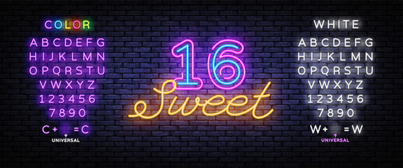 Sweet 16 neon sign vector design template. Happy Birthday neon banner, design element colorful modern design trend, night bright advertising, bright sign. Vector. Editing text neon sign - obrazy, fototapety, plakaty