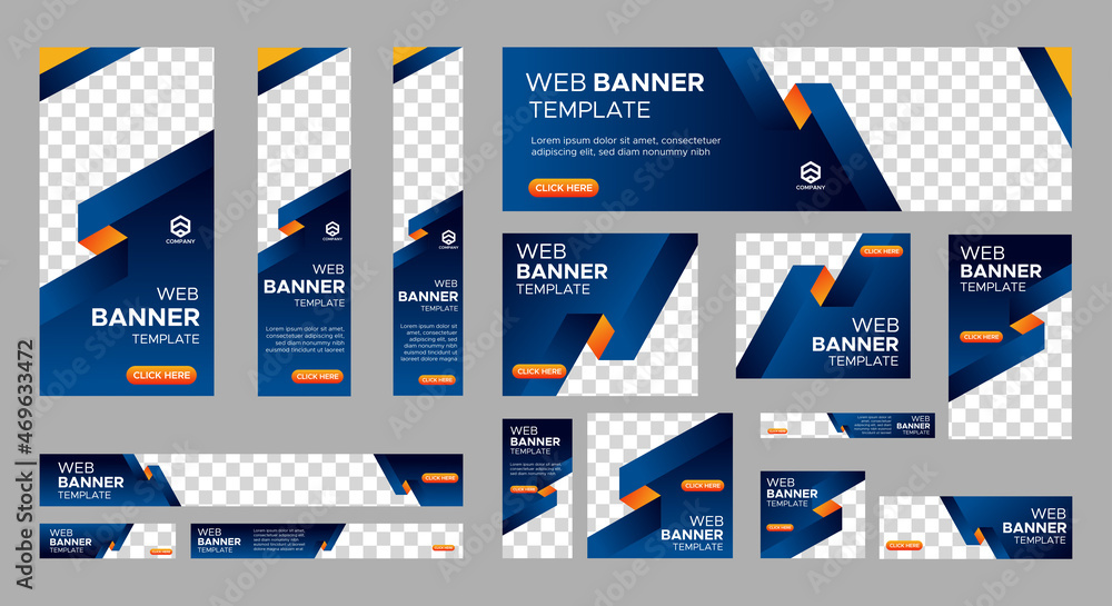 Poster design of vector blue banners of standard sizes with a place for a photo. vertical and horizontal we