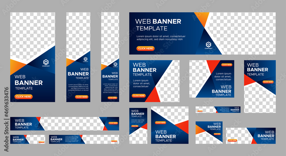 Poster design of vector blue banners of standard sizes with a place for a photo. vertical and horizontal we