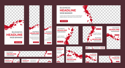 Design of vector white banners of standard sizes with a place for a photo. Vertical and horizontal web templates with semicircular elements and a button.