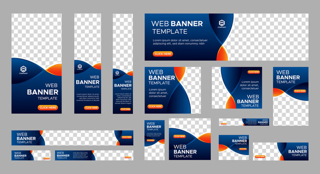 Design of vector blue banners of standard sizes with a place for a photo. Vertical and horizontal web templates with semicircular elements and a button.