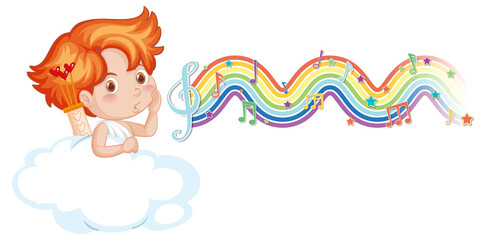 Cupid boy on the cloud with melody symbols on rainbow wave