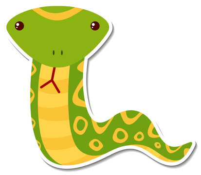 Green snake animal cartoon sticker on white background