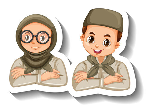 Couple Muslim Kids Wear Safari Outfit Cartoon Character Sticker