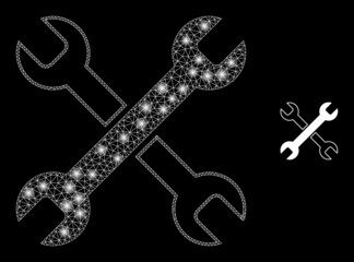 Glossy polygonal mesh web wrenches icon with glow effect on a black background. Constellation wrenches iconic vector with glowing points in stardust colors.