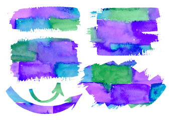 Multicolor Watercolor design elements. Watercolour gradient brick wall textured colorful Arrows and Frames freehand drawing. Multicolored Set blue, green, purple and violet Arrow, frame, logo, ribbon