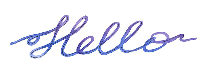 Watercolor blue one line lettering Hello on white background. Hand drawing design one line text