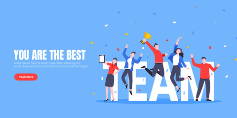 Happy business team employee team winners award ceremony flat style design vector illustration. Employee recognition and best worker competition award team celebrating victory winner business concept.
