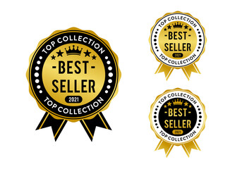 Collection of best seller badge, golden best seller stamp label circular round design template