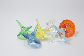 a group of Vintage toy top spinning in motion