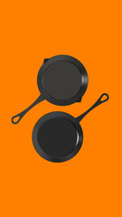 nearby are pot with handle and frying pan. top view of kitchen appliances. Dishes on orange background. vertical image. 3d image. 3d rendering.