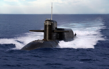 Navel nuclear submarine on open sea - obrazy, fototapety, plakaty