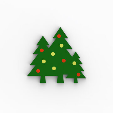 Three green Christmas trees with round toys on a white background. New Year and Christmas. square image. 3d image. 3d rendering.
