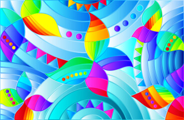 Obraz premium Illustration in stained glass style with abstract bright butterflies on a blue background, rectangular image