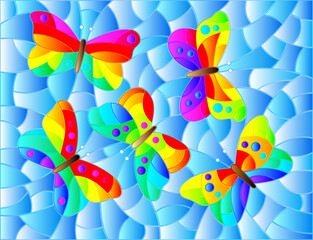 Illustration in stained glass style with abstract bright butterflies on a blue background, rectangular image