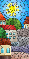 An illustration in the style of a stained glass window with an urban landscape, cozy houses against a sunny sky