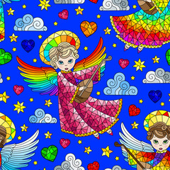 Obraz na płótnie Canvas Seamless pattern on the theme of Valentine's day, cute angels and hearts on a blue background