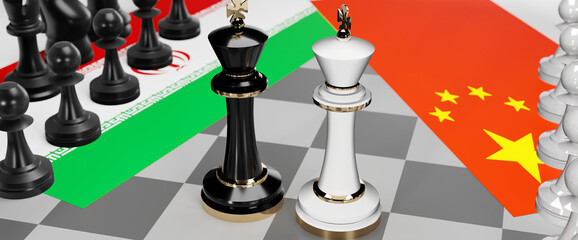 Iran and China - talks, debate, dialog or a confrontation between those two countries shown as two chess kings with flags that symbolize art of meetings and negotiations, 3d illustration