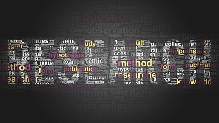 Research - essential subjects and terms related to Research arranged by importance in a 2-color word cloud poster. Reveal primary and peripheral concepts related to XXX, 3d illustration