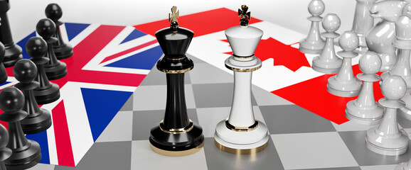 UK England and Canada - talks, debate, dialog or a confrontation between those two countries shown as two chess kings with flags that symbolize art of meetings and negotiations, 3d illustration