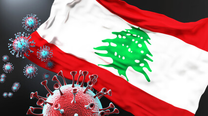 Lebanon and the covid pandemic - corona virus attacking national flag of Lebanon to symbolize the fight, struggle and the virus presence in this country, 3d illustration