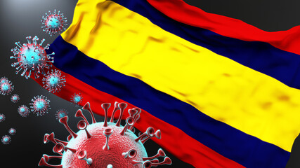 Alor Setar Kedah and covid pandemic - virus attacking a city flag of Alor Setar Kedah as a symbol of a fight and struggle with the virus pandemic in this city, 3d illustration