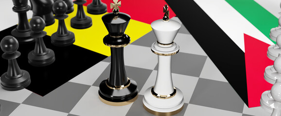 Belgium and Jordan - talks, debate, dialog or a confrontation between those two countries shown as two chess kings with flags that symbolize art of meetings and negotiations, 3d illustration