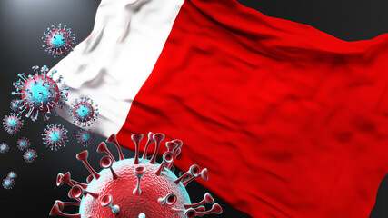 Ajman and covid pandemic - virus attacking a city flag of Ajman as a symbol of a fight and struggle with the virus pandemic in this city, 3d illustration
