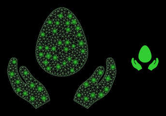 Glossy polygonal mesh web egg care hands icon with glow effect on a black background. Carcass egg care hands iconic vector with glowing points in bright colors.