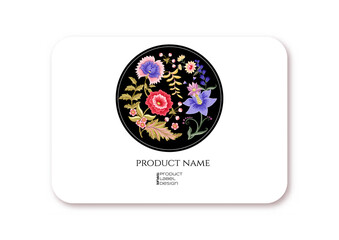 Fantasy flowers in retro, vintage, jacobean embroidery style. Template for product label, cosmetic packaging. Easy to edit. Vector illustration. On white background.