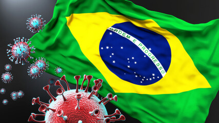 Brazil and the covid pandemic - corona virus attacking national flag of Brazil to symbolize the fight, struggle and the virus presence in this country, 3d illustration