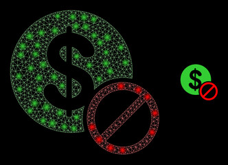 Glossy polygonal mesh web priceless icon with glow effect on a black background. Constellation priceless iconic vector with glowing dots in bright colors.