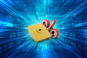 3d illustration Safety concept: Closed Padlock with percentage digital background