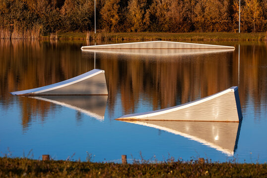 Wake board park in autumn. Outdoor and extreme sport