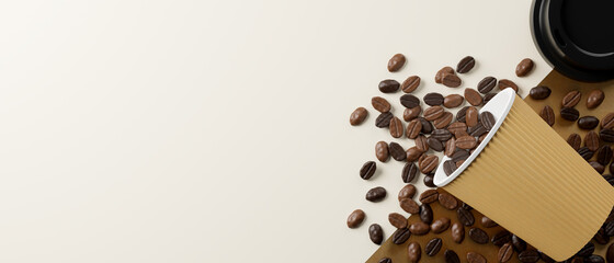 Paper coffee cup with coffee beans over white background