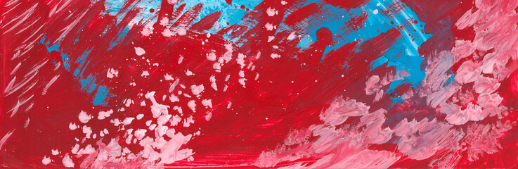Red, blue and white acrylic background. Artistic texture with brush strokes, splashes and blots suitable for a banner. Hand drawn abstract illustration, design element for banner, cover, decoration