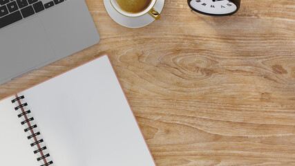 Top view, Flat lay, Modern working desk with blank notebook on wooden background.